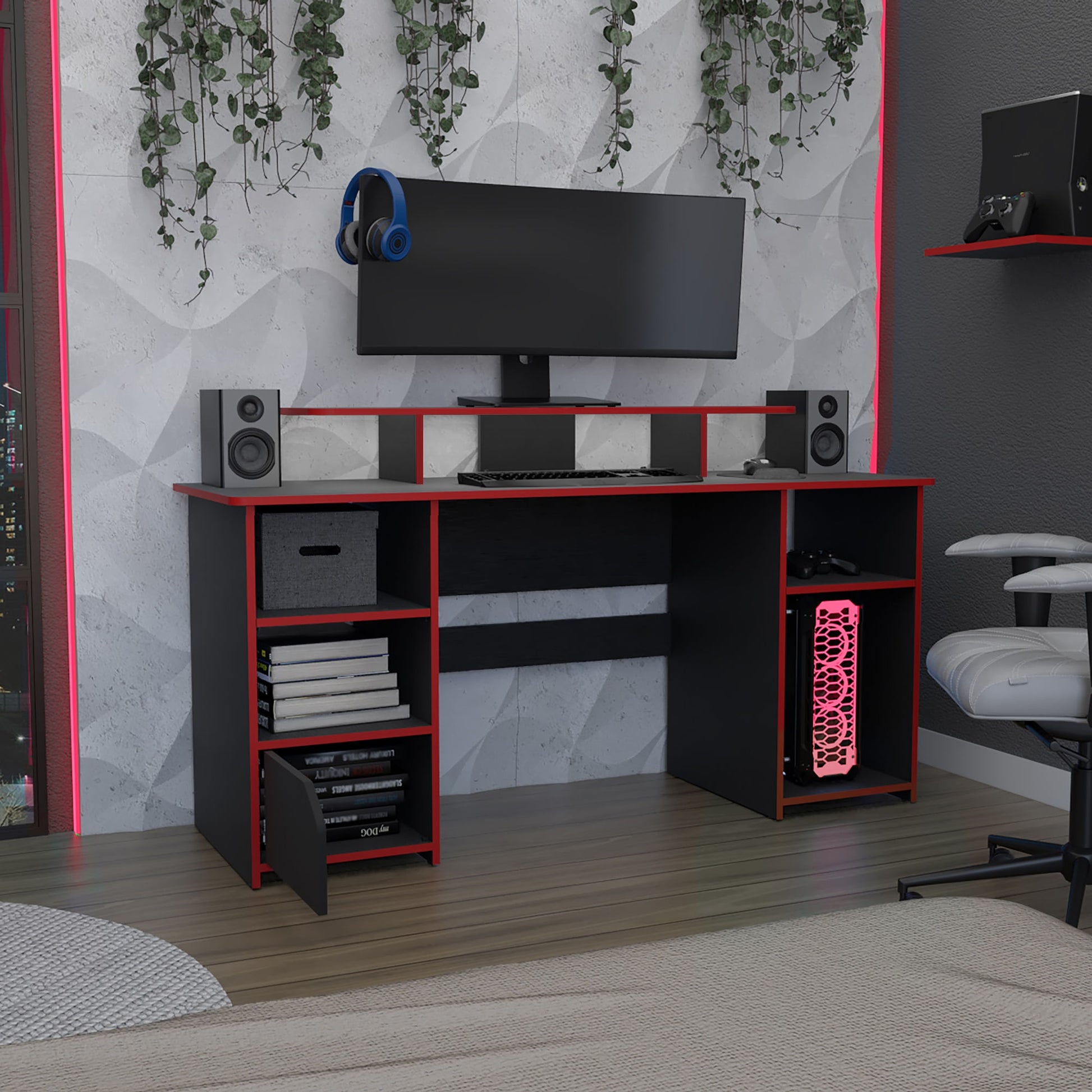 Escritorio Gamer Keria 88X157X50 Rta Wengue Rojo