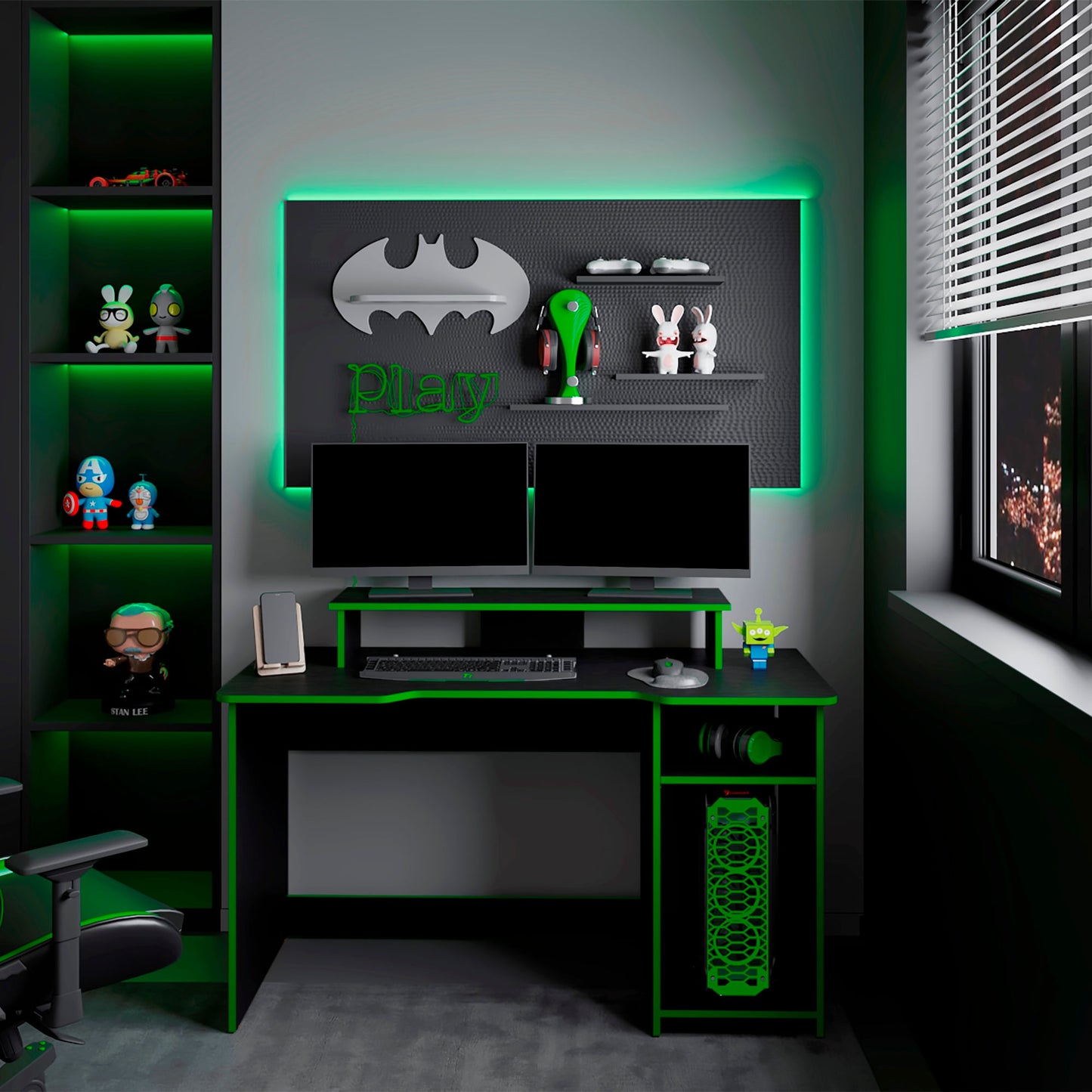 Escritorio Gamer Huni 90X136X60 Rta Wengue Verde