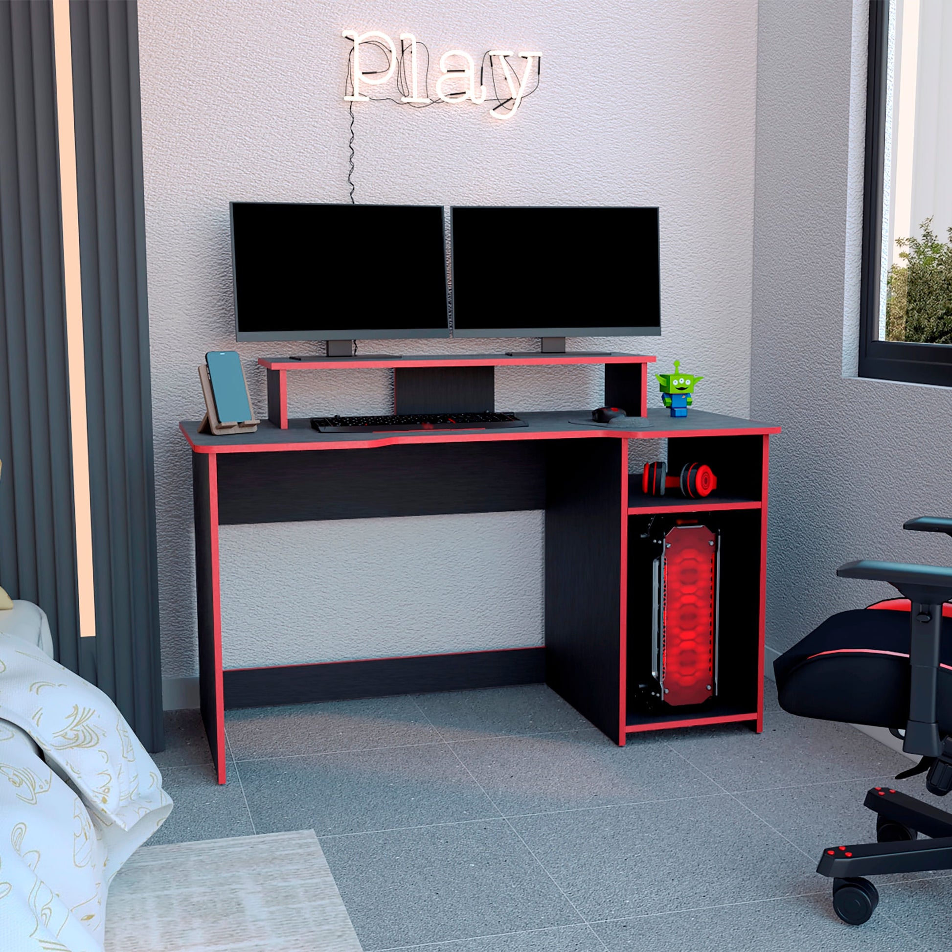 Escritorio Gamer Huni 90 X 136 Rta Wengue Rojo