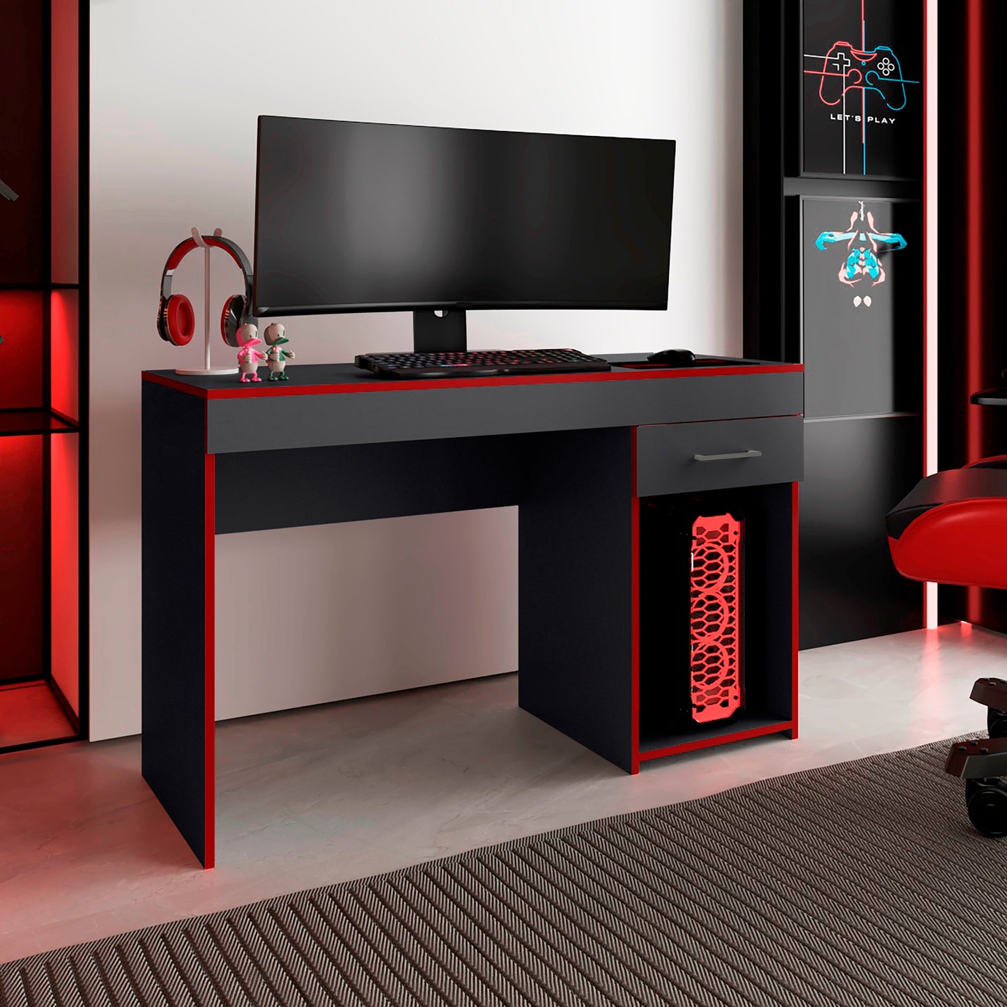 Escritorio Gamer Ibare 75X120X45 Rta Plomo Rojo
