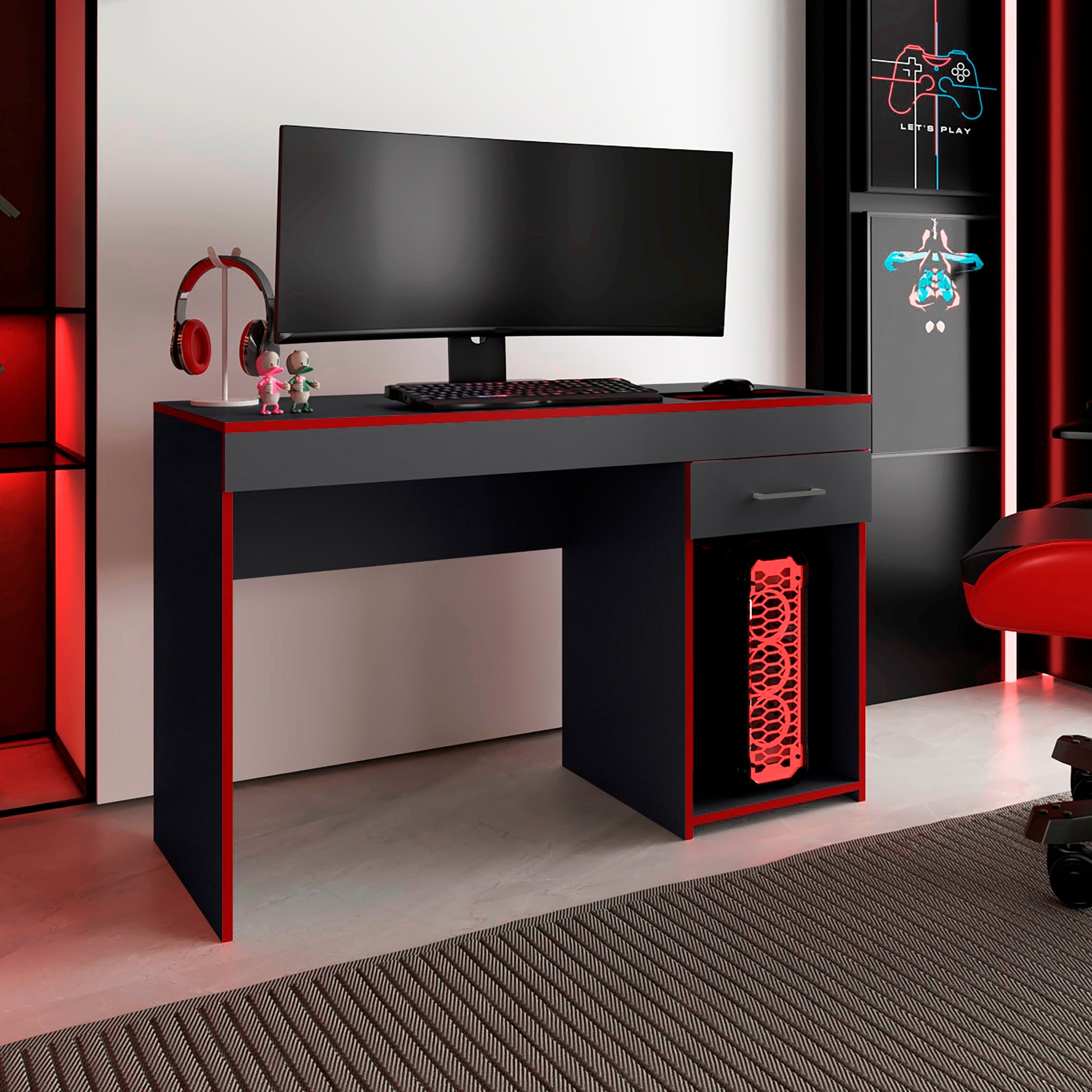 Escritorio Gamer Ibare 75X120X45 Rta Plomo Rojo