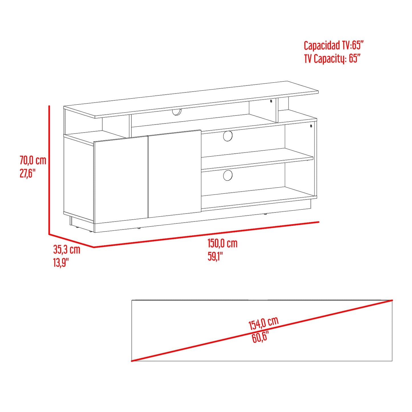 Mesa De Tv Hope 65" 70X150X35 Rta Fresno Capri