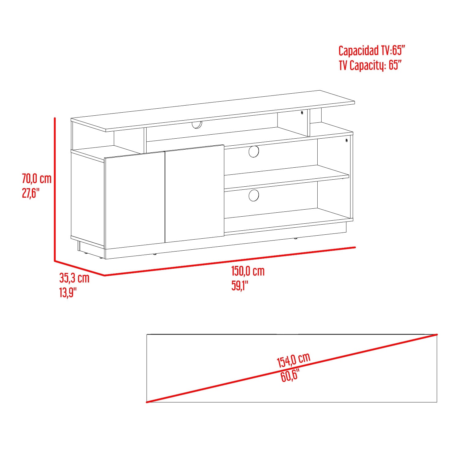 Mesa De Tv Hope 65" 70X150X35 Rta Fresno Capri