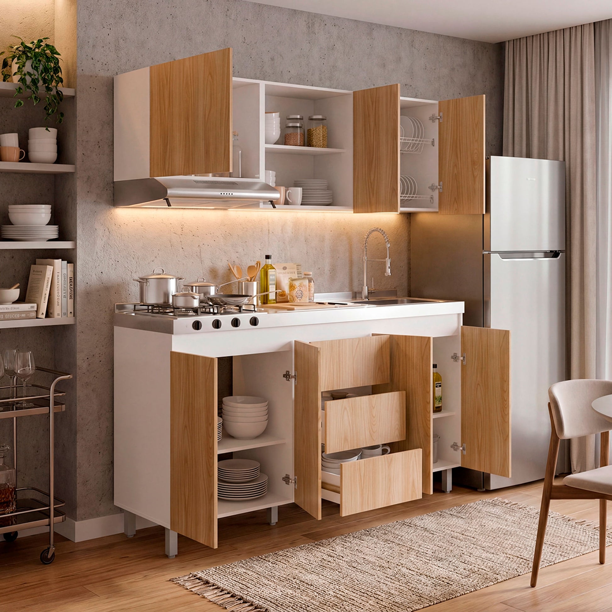 Cocina Boreal Derecha 210X180X50 Rta Blanco Fresno