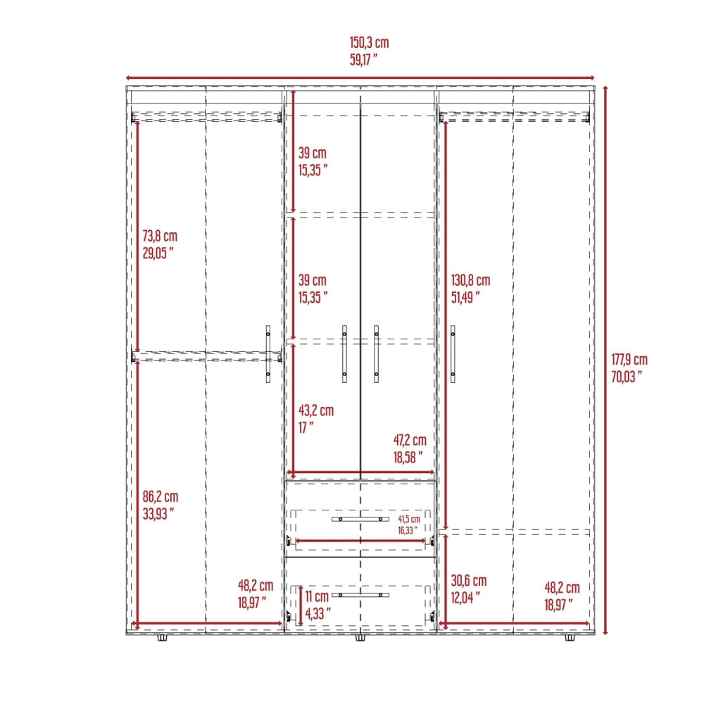 Closet Bariloche Eco 150 177X150X50 Rta Fresno Blanco