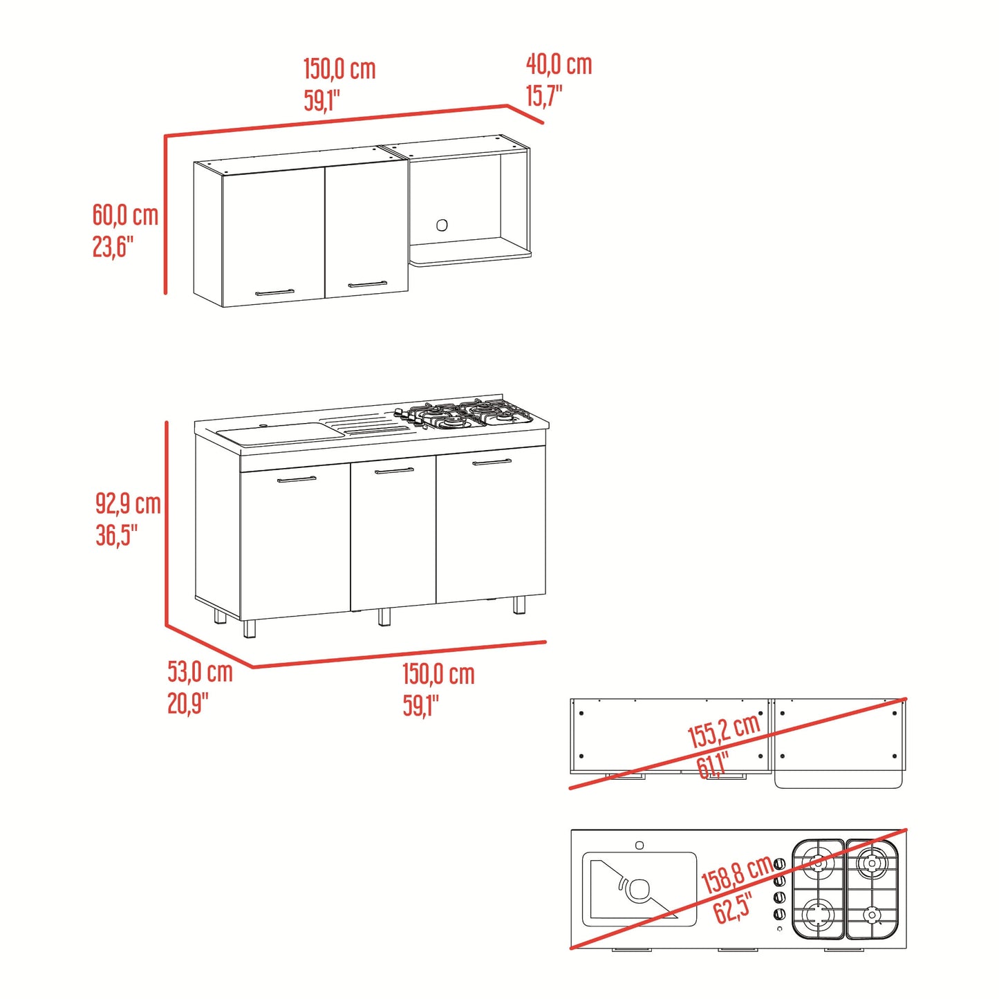 Cocina Miro 150 Izquierdo 60X150X40 Rta Blanco Fresno