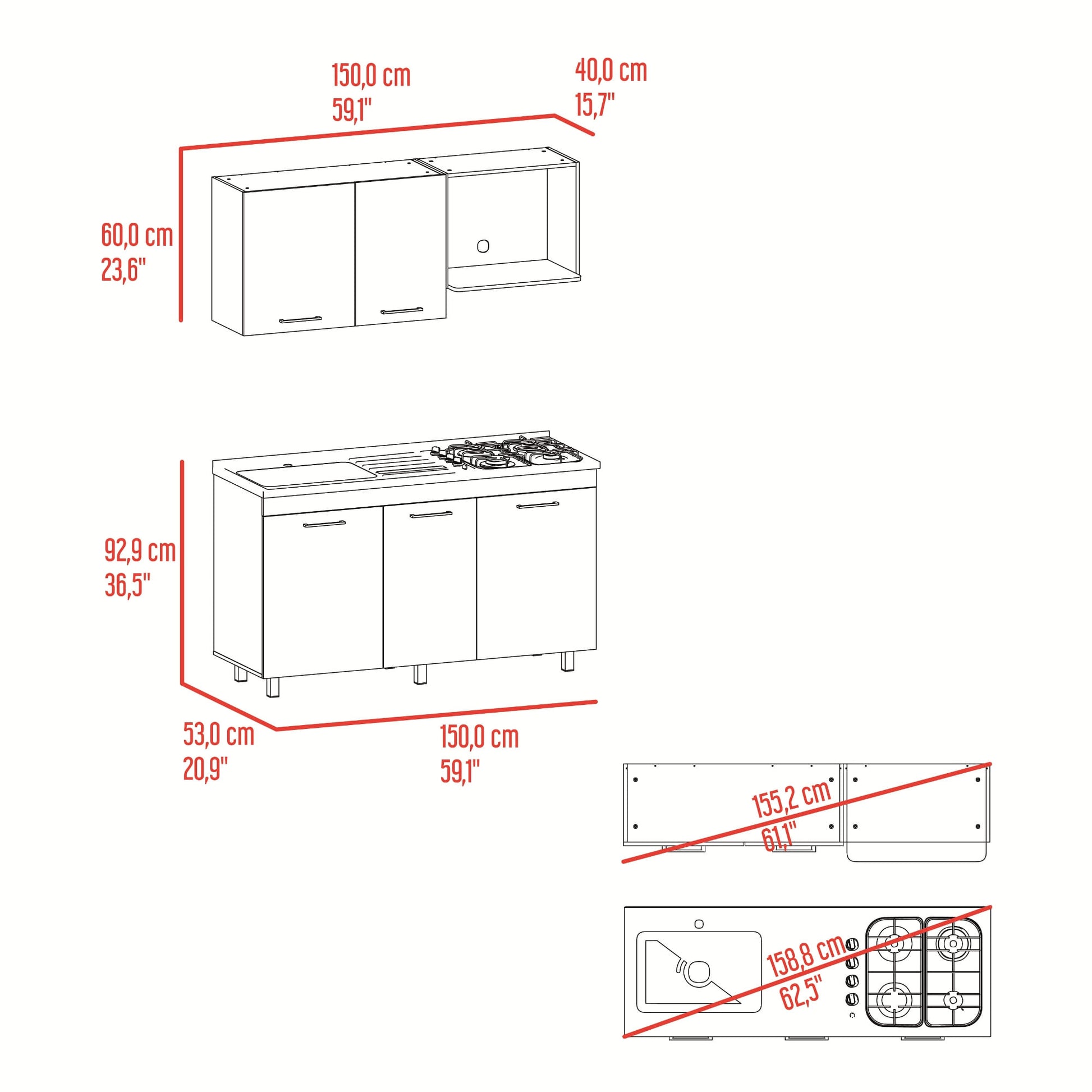 Cocina Miro 150 Izquierdo 60X150X40 Rta Blanco Fresno