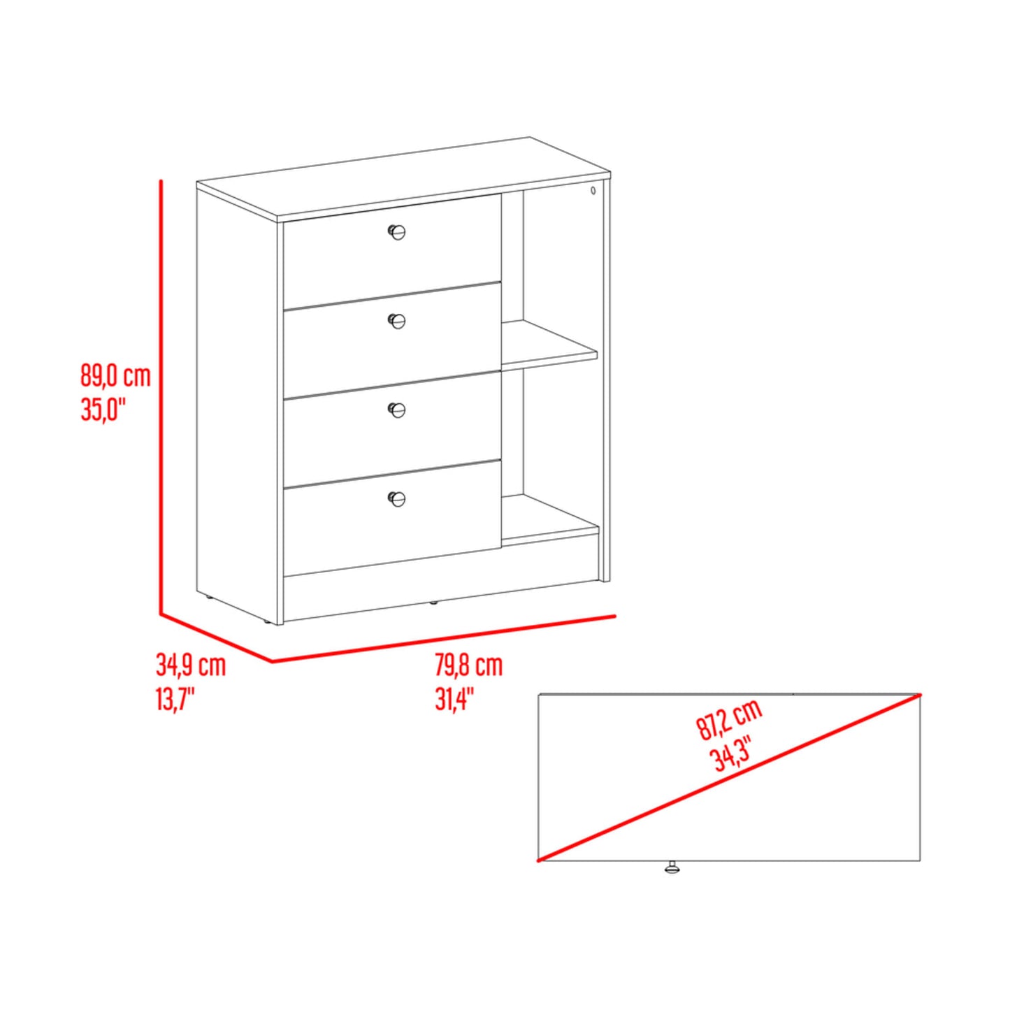 Comoda 4 Cajones Havana 89X80X35 Rta Cotta Blanco Zf