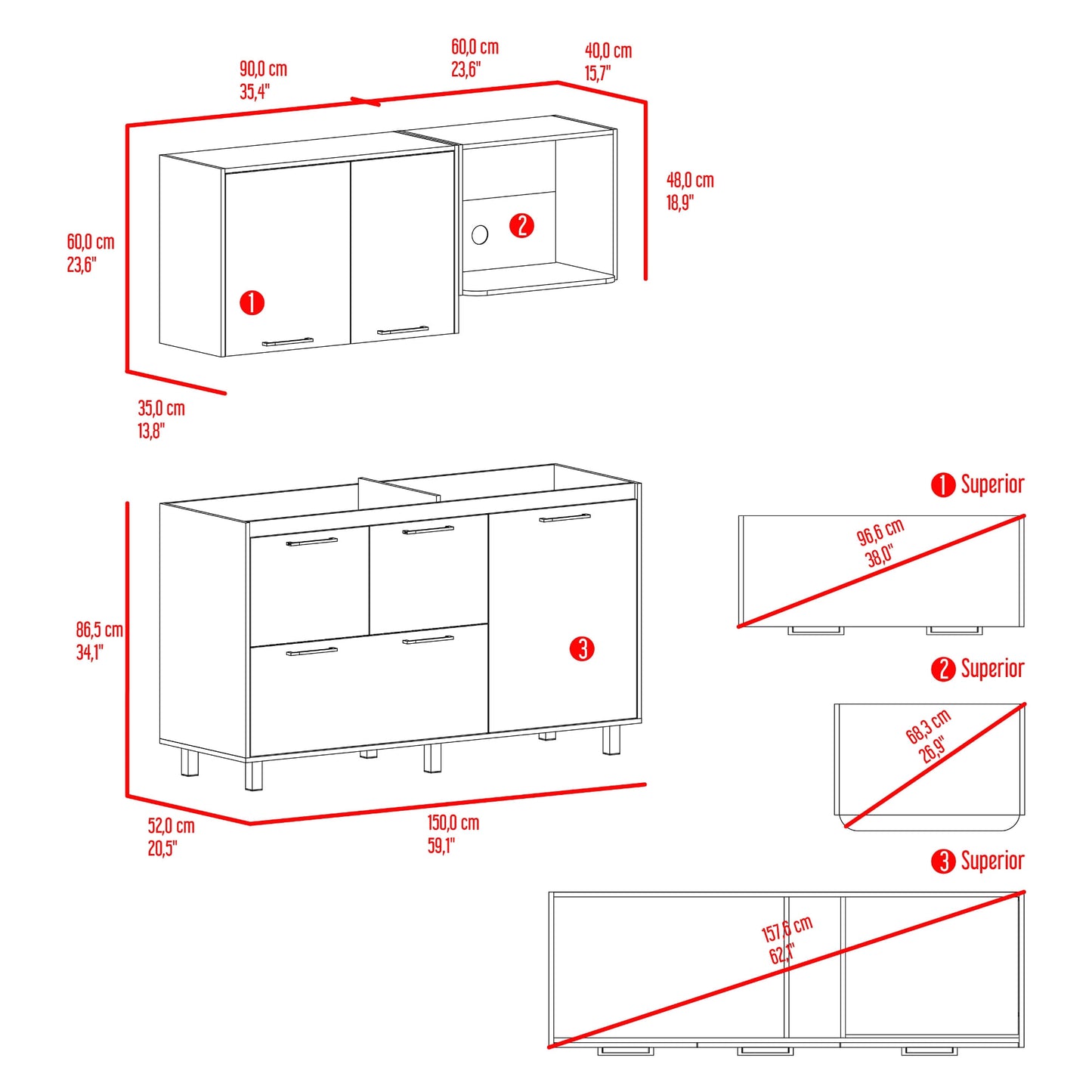 Cocina 150 Pacific 60X150X35 Rta Blanco Mqz Fresno Eu