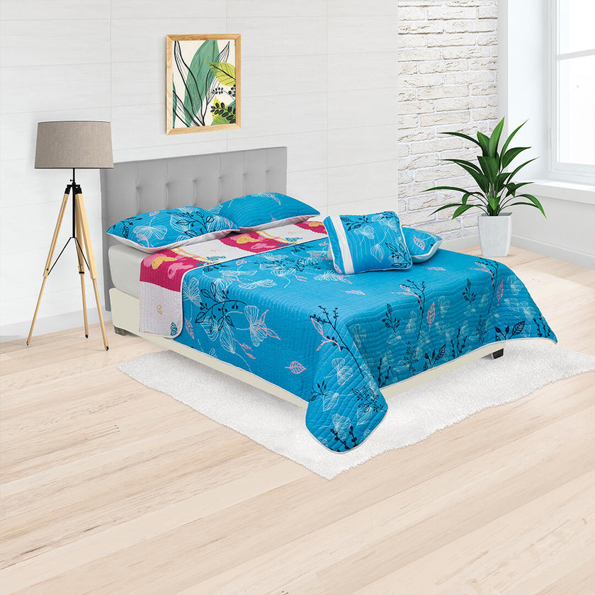 Cubrelecho Tipo Español Doble Faz Ramas Negras Rosadas Fondo Azul Cielo