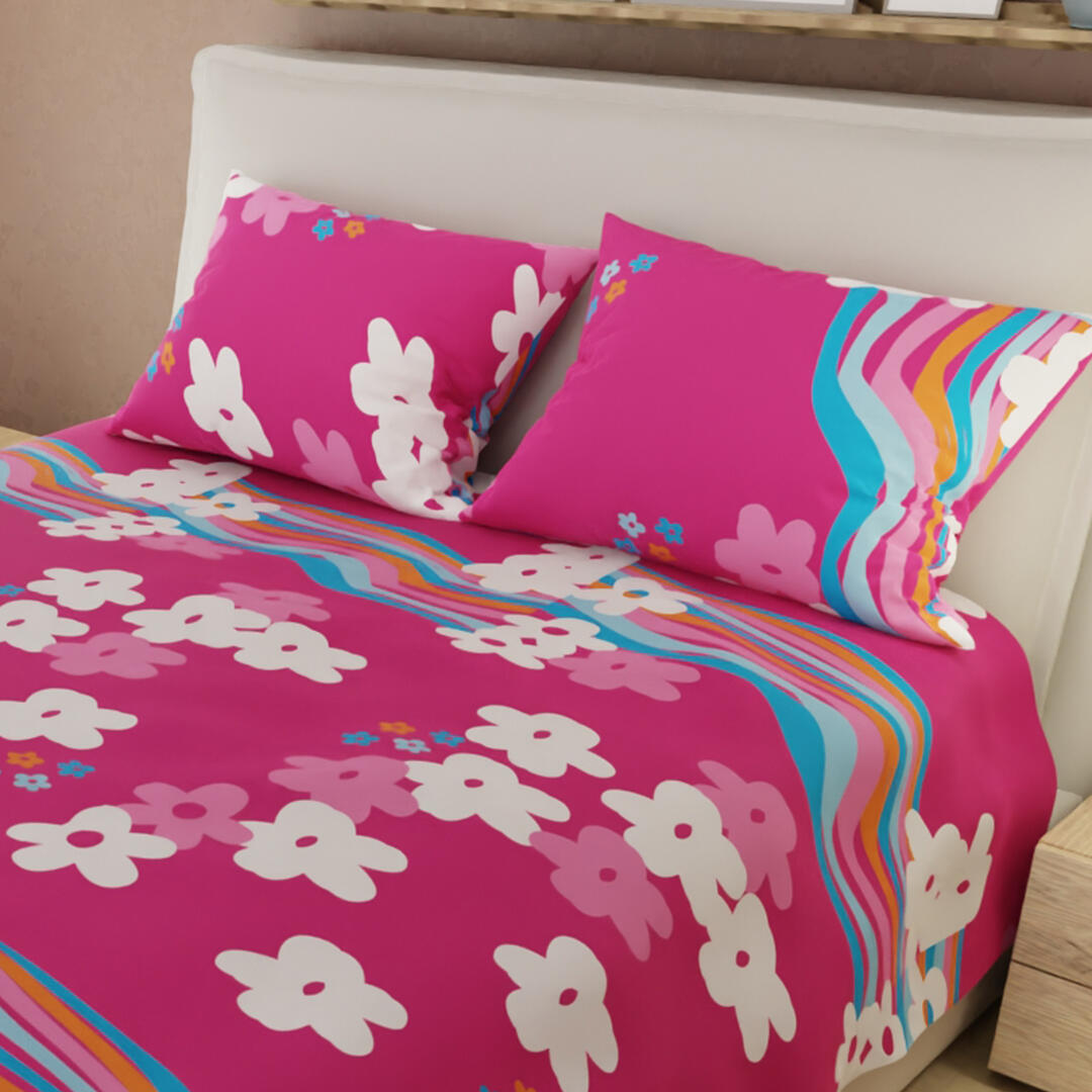 Juego De Sábanas Microfibra Flores Fondo Fucsia