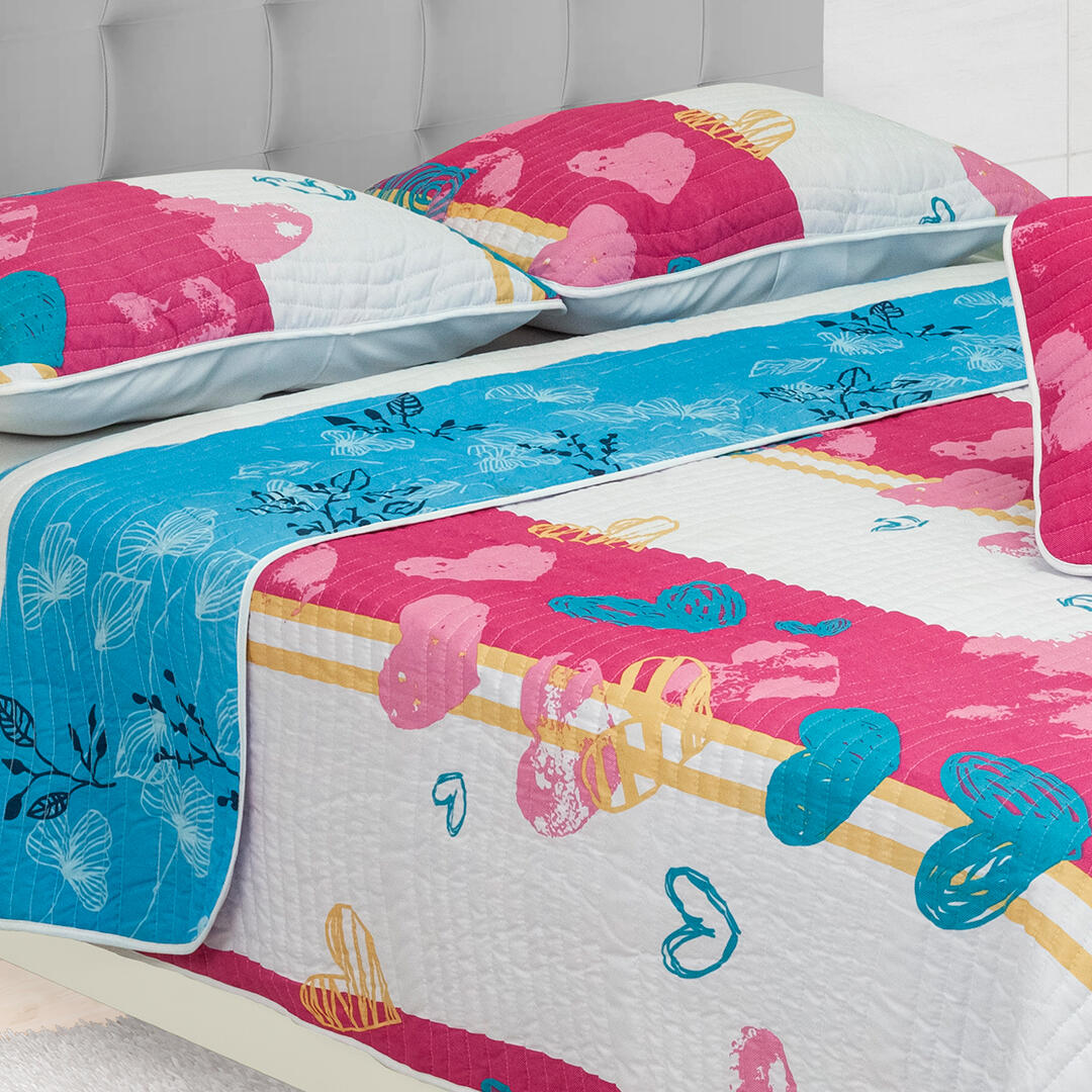 Cubrelecho Tipo Español Doble Faz Ramas Negras Rosadas Fondo Azul Cielo