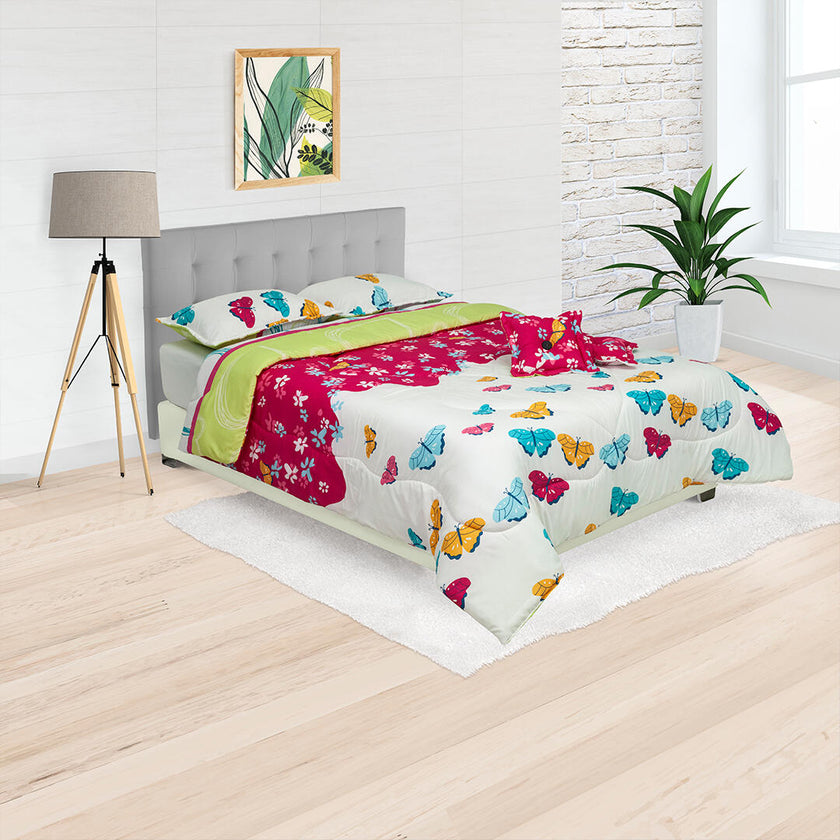 Cubrelecho Súper Acolchado  Mariposas Azul Mostaza Fondo Fuscia Y Blanco
