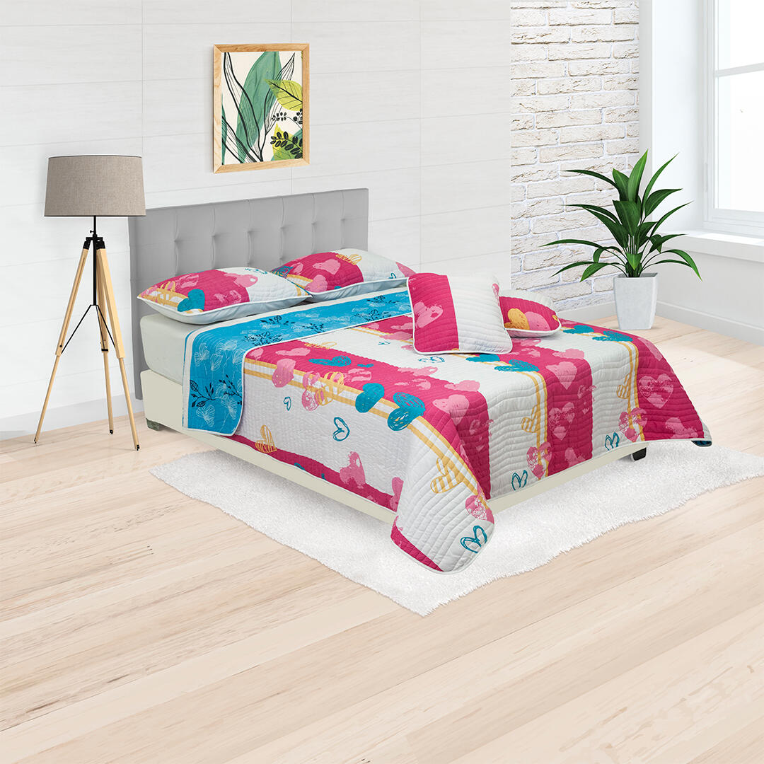 Cubrelecho Tipo Español Doble Faz Ramas Negras Rosadas Fondo Azul Cielo