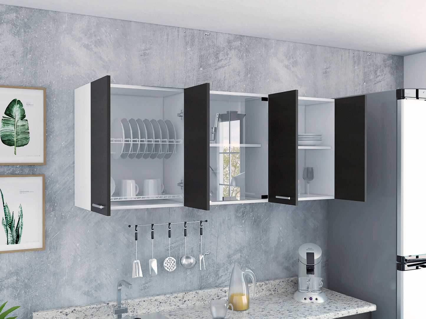 Gabinete Superior Cocina 150 Vidrio Rta Blanco + Wengue