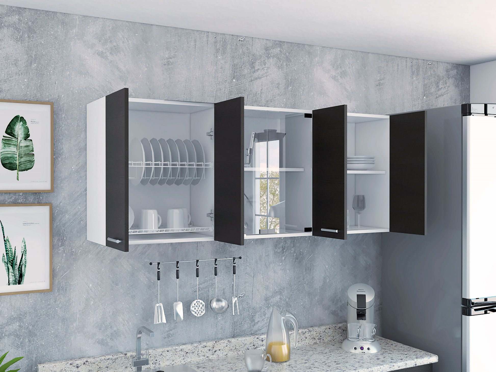 Gabinete Superior Cocina 150 Vidrio Rta Blanco + Wengue