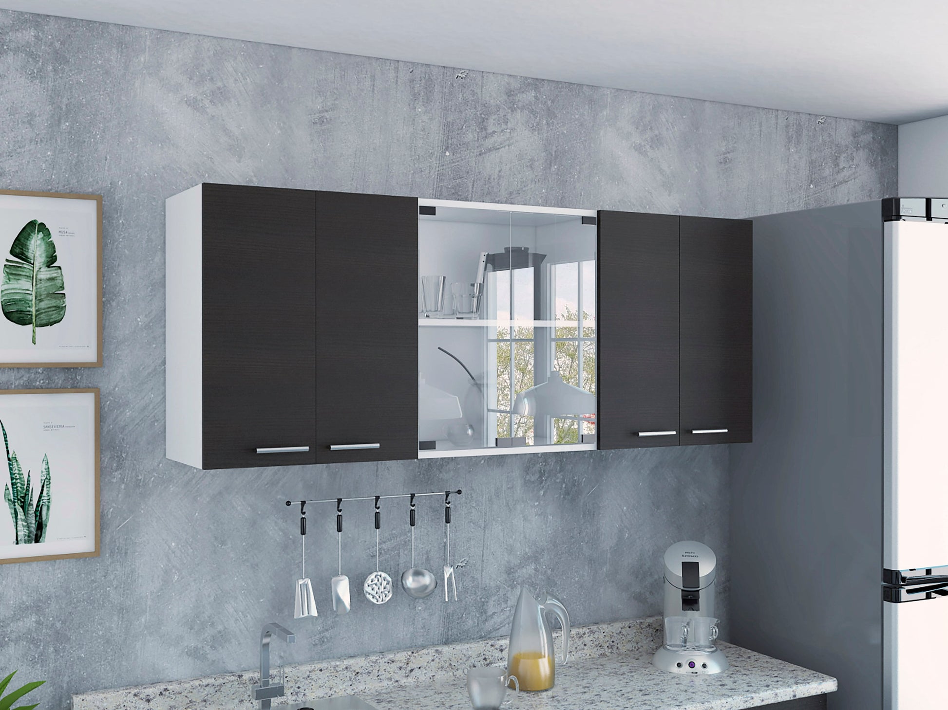 Gabinete Superior Cocina 150 Vidrio Rta Blanco + Wengue