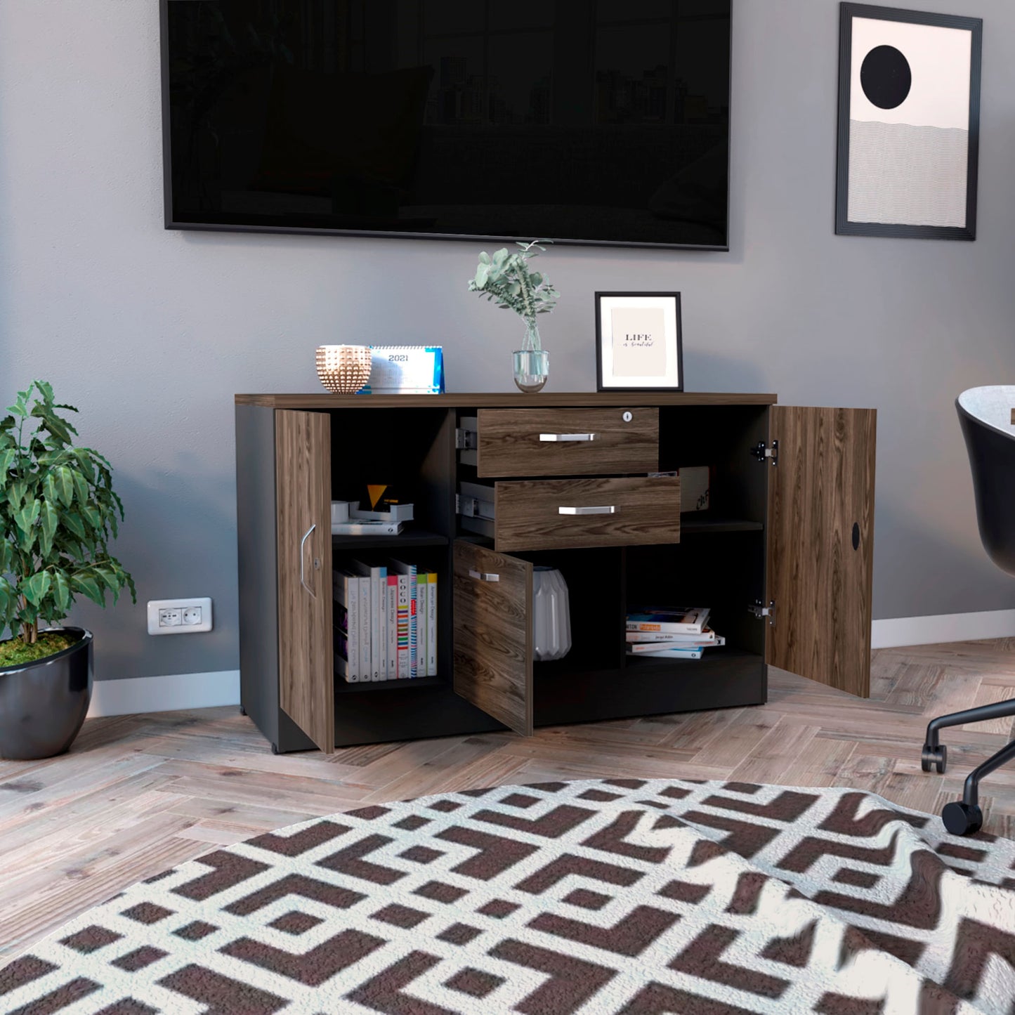 Gabinete Home Office 2 Cajones 3 Puerta Rta Wengue Milan