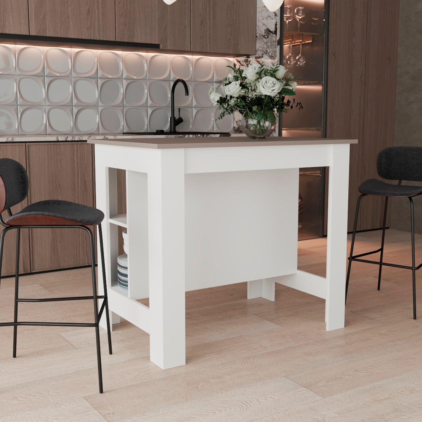 Isla De Cocina Burton 90X103X70 Rta Blanco Mqz + Taupe