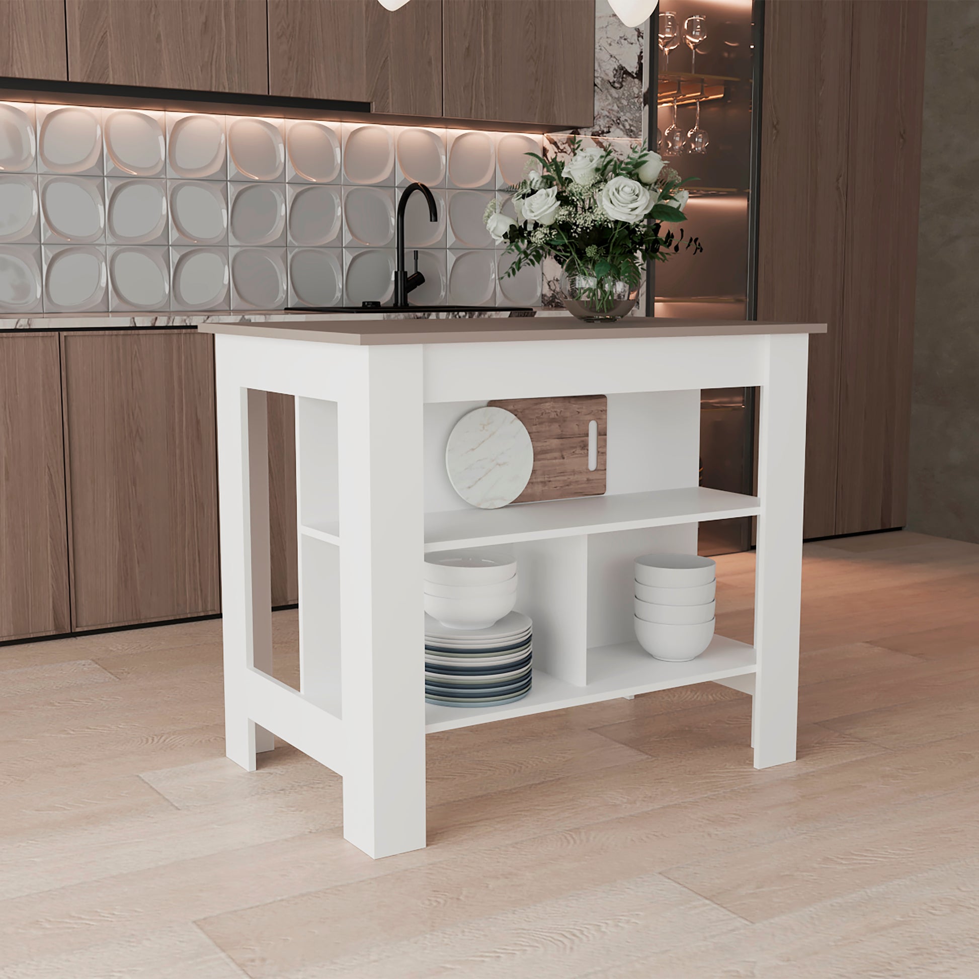 Isla De Cocina Burton 90X103X70 Rta Blanco Mqz + Taupe