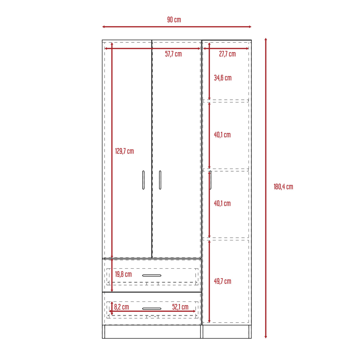 Closet Austral 3P 180 X 90 X 47 Rta Bellota + Blanco N/A