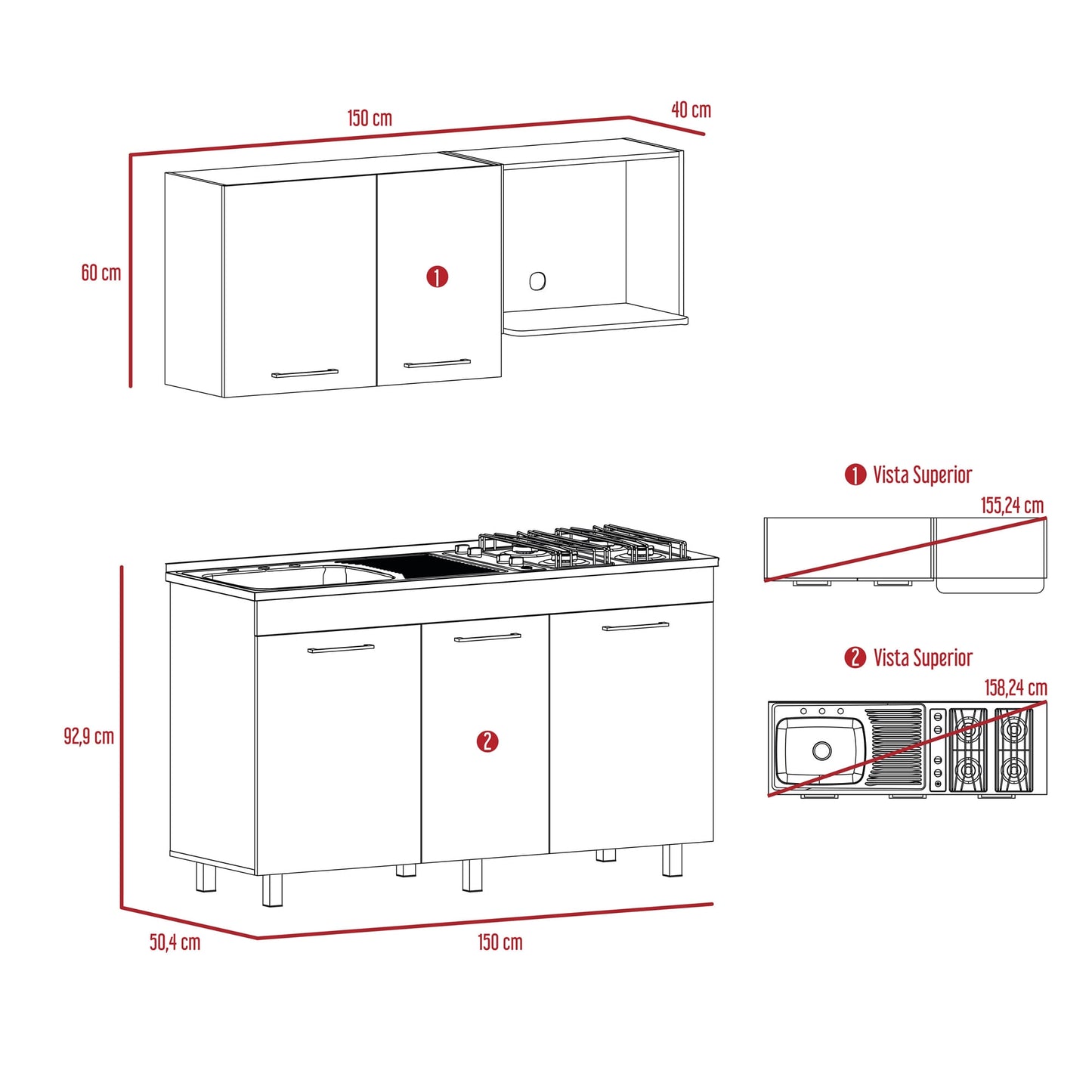 Cocina 150 Miro Lite Rta Macadamia + Blanco