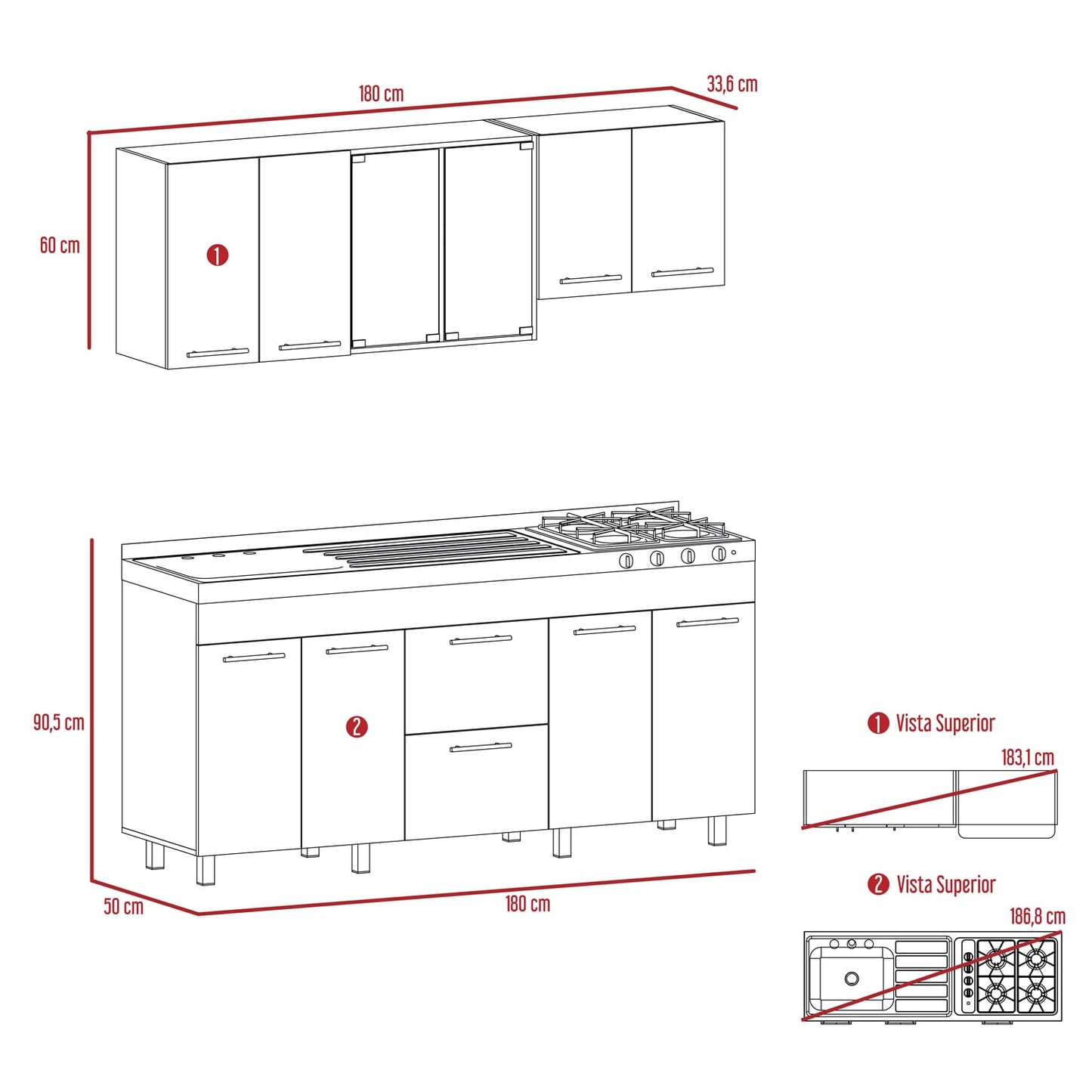 Cocina De 180 Luna Rta Wengue + Miel