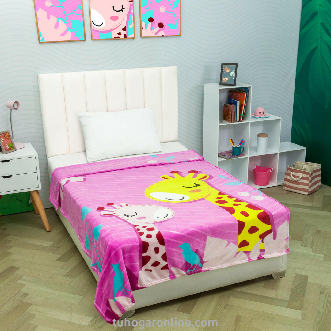 Cobija Línea Zoo Piel De Durazno Estampada Jirafa Fondo Rosado Estampados Animados