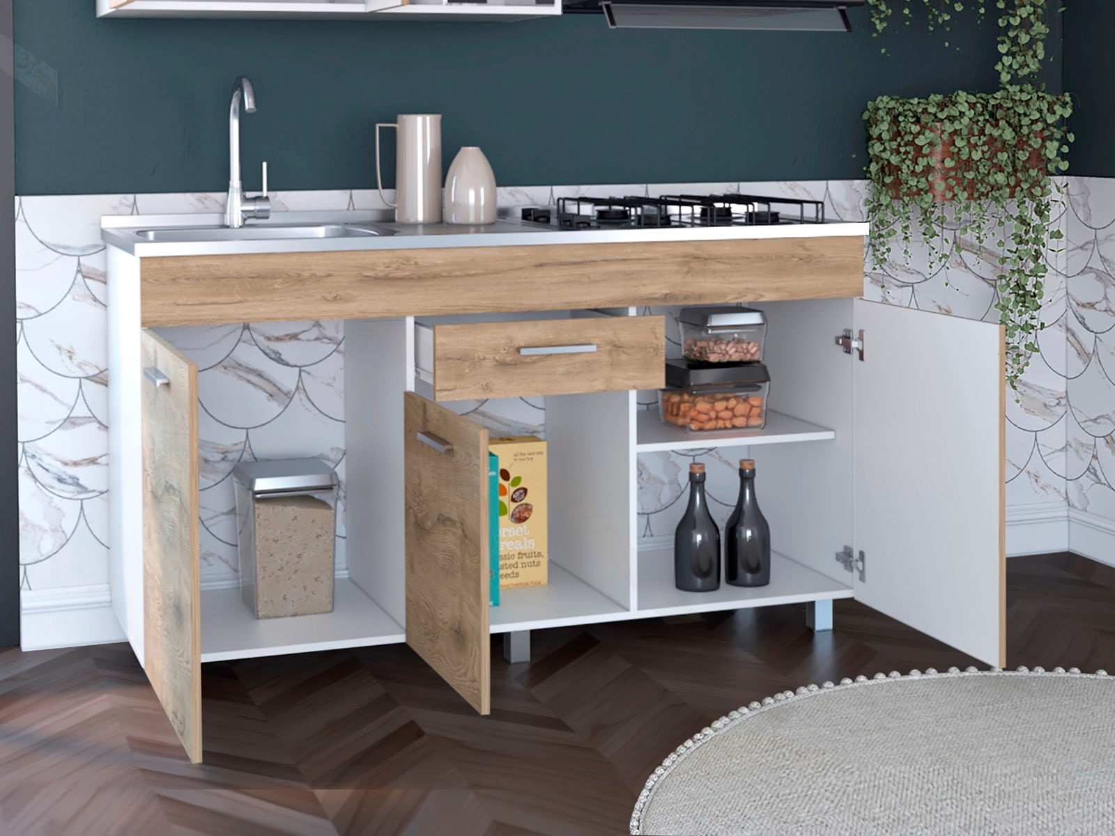 Mueble Inferior Cocina 150 Sicilia Rta Blanco + Macadamia