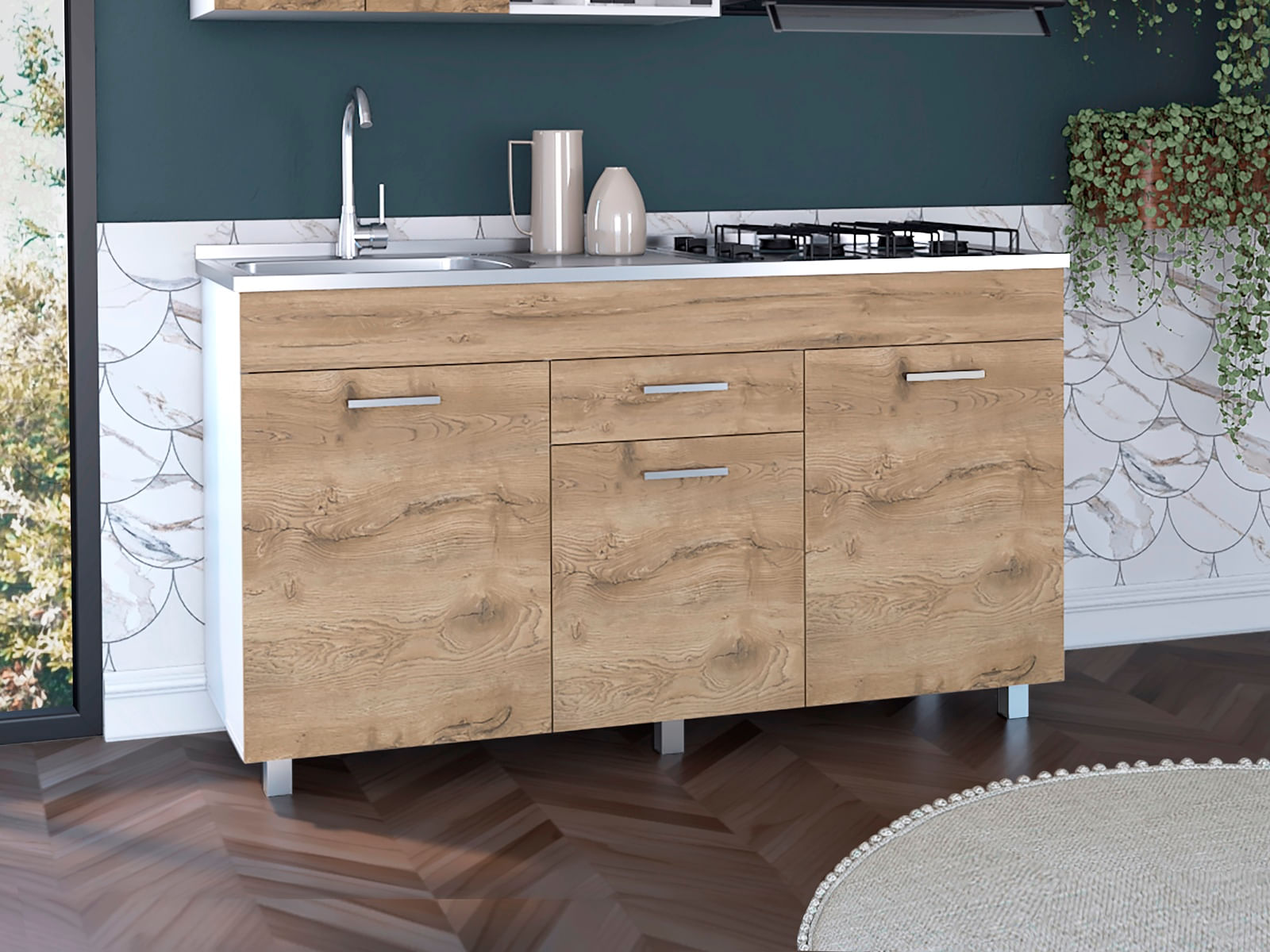Mueble Inferior Cocina 150 Sicilia Rta Blanco + Macadamia