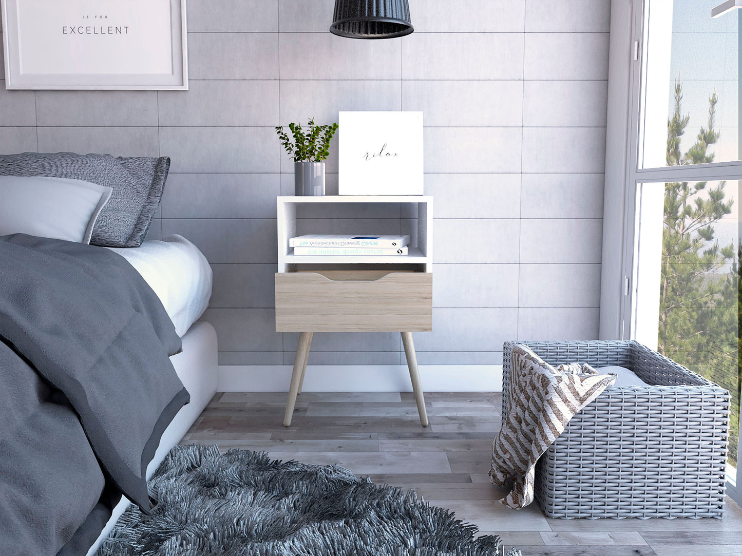 Mesa De Noche Otom Rta Blanco + Rovere
