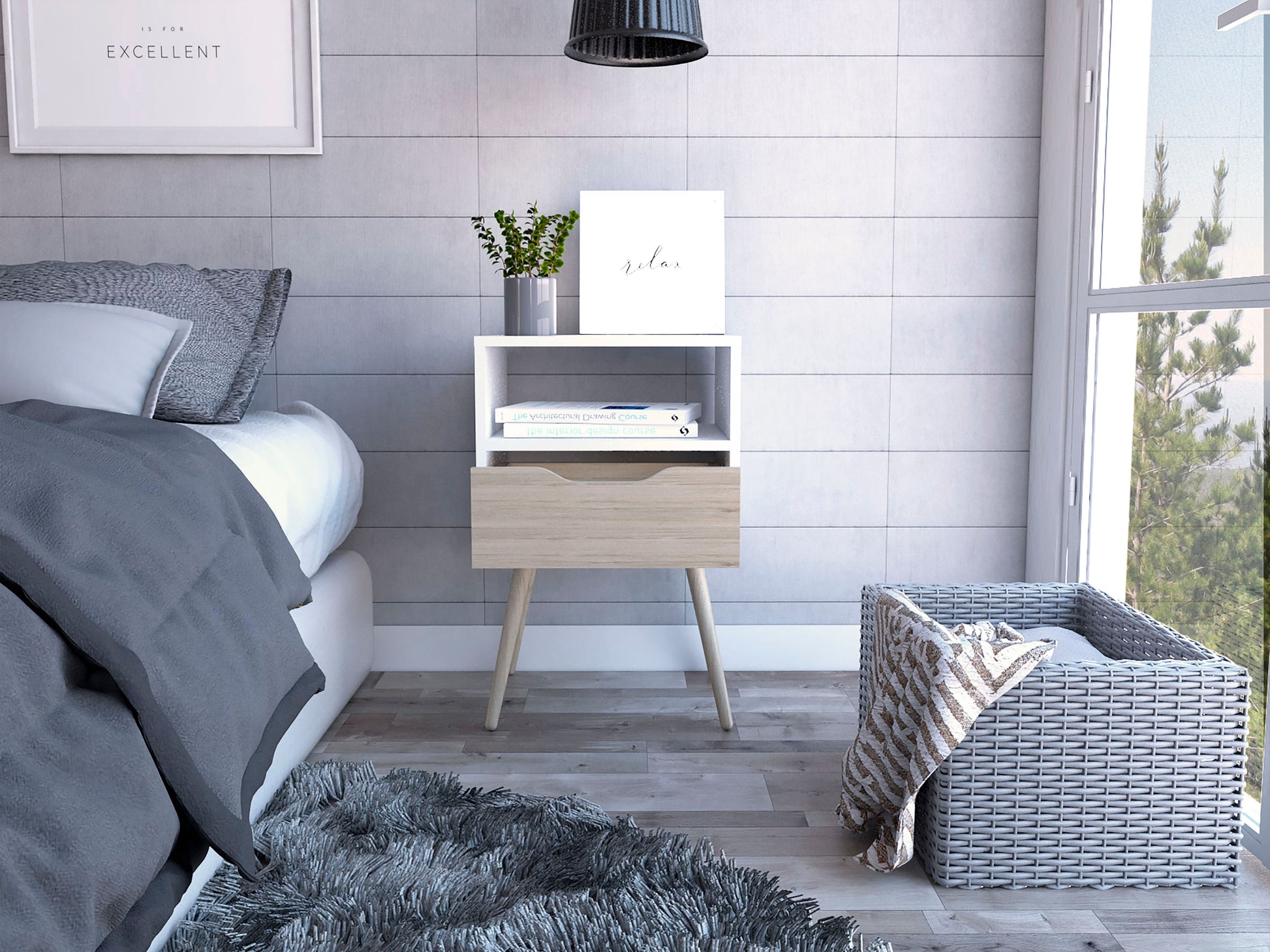Mesa De Noche Otom Rta Blanco + Rovere