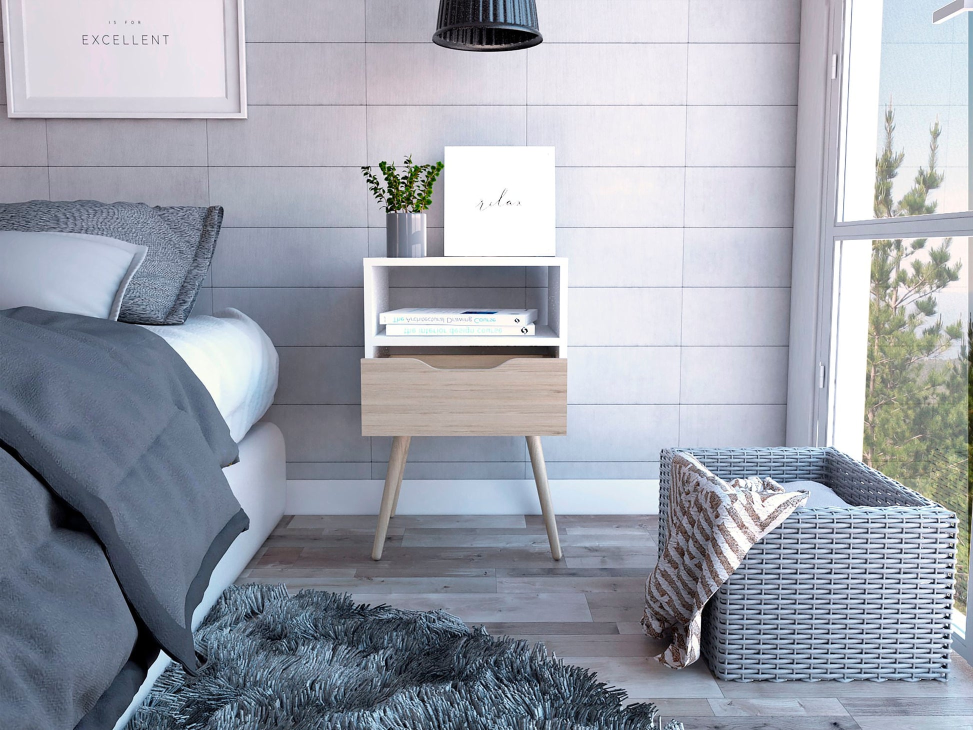 Mesa De Noche Otom Rta Blanco + Rovere