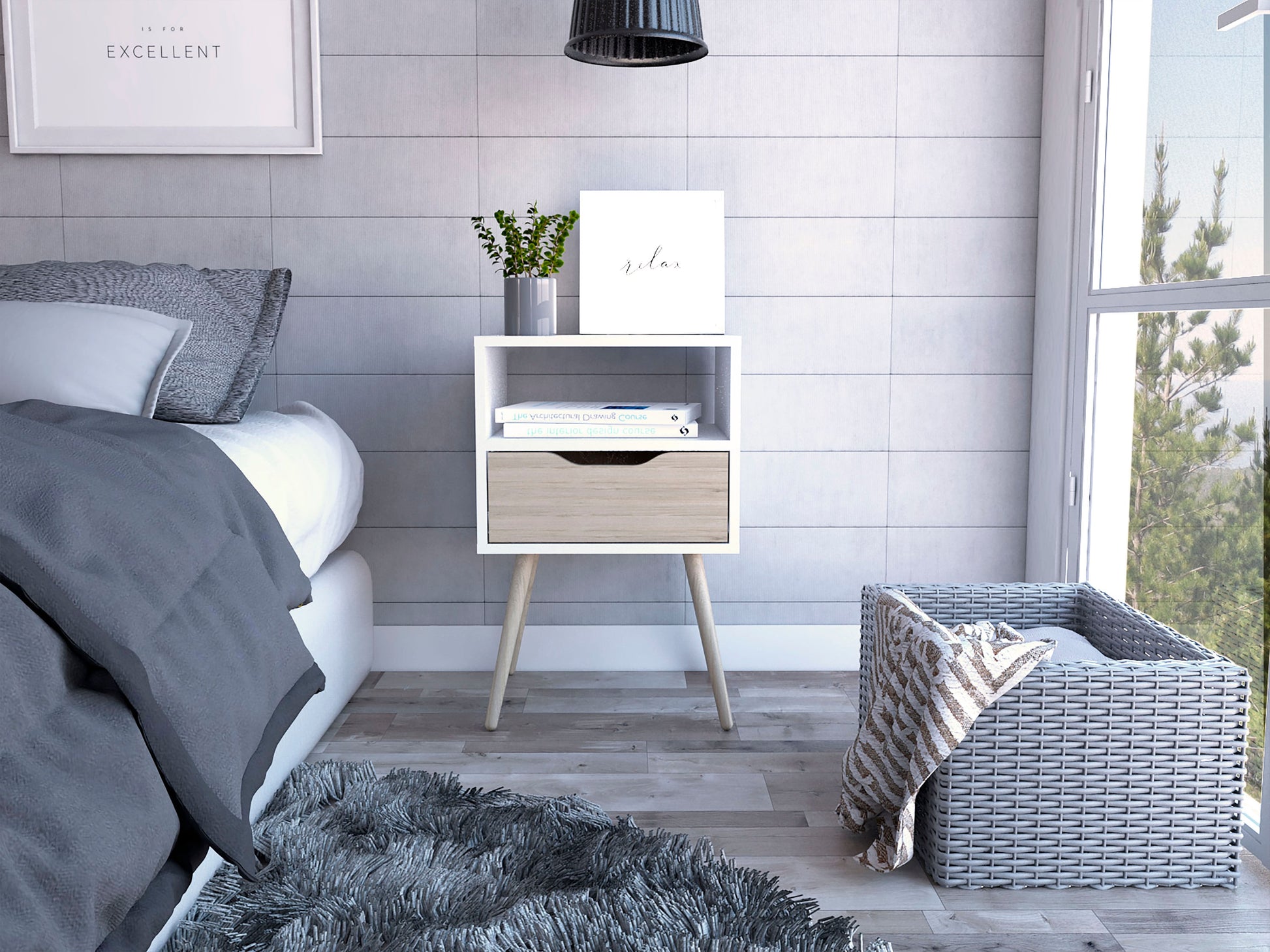 Mesa De Noche Otom Rta Blanco + Rovere