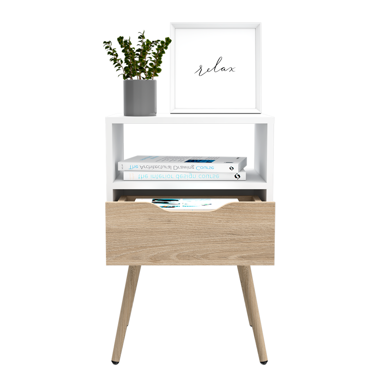 Mesa De Noche Otom Rta Blanco + Rovere