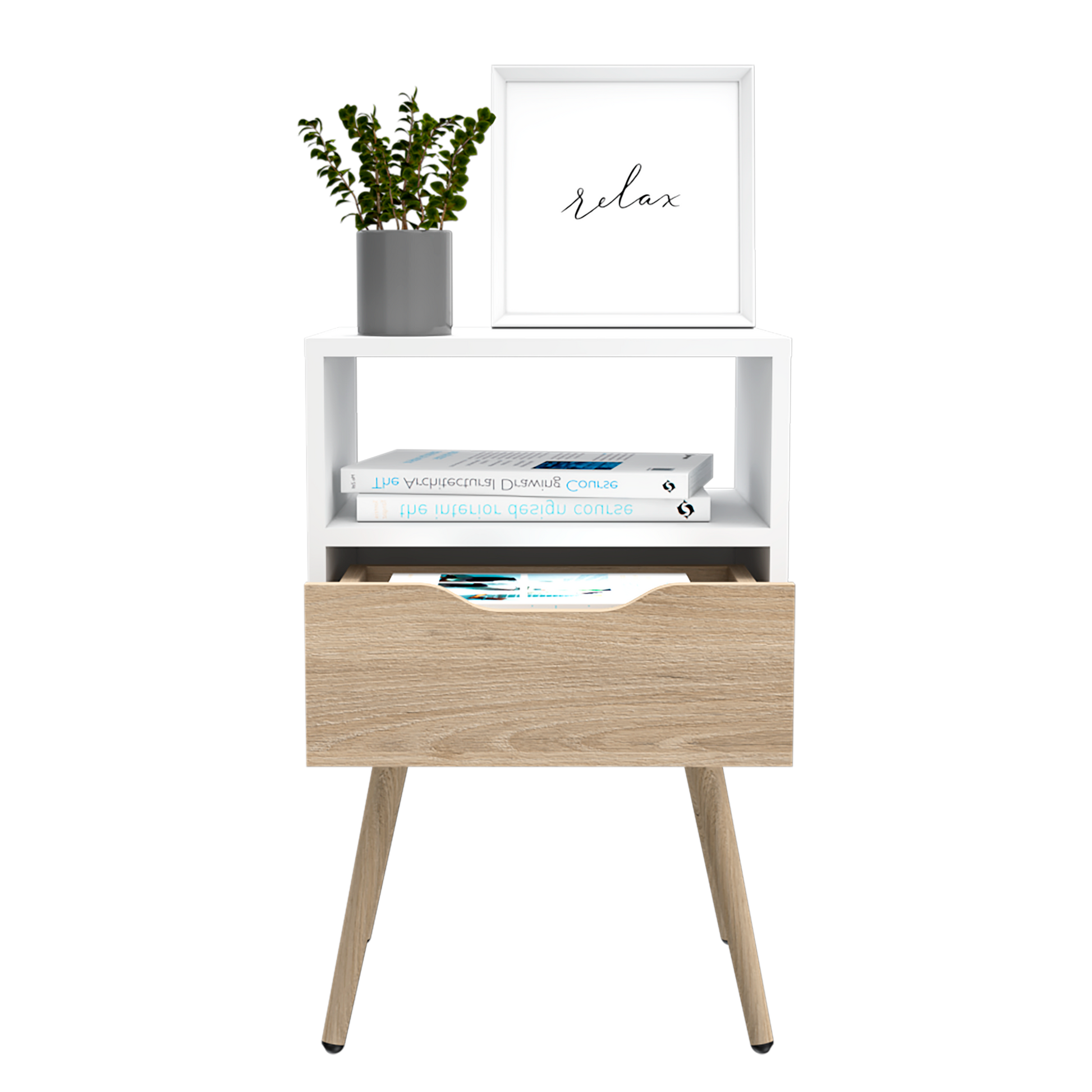 Mesa De Noche Otom Rta Blanco + Rovere