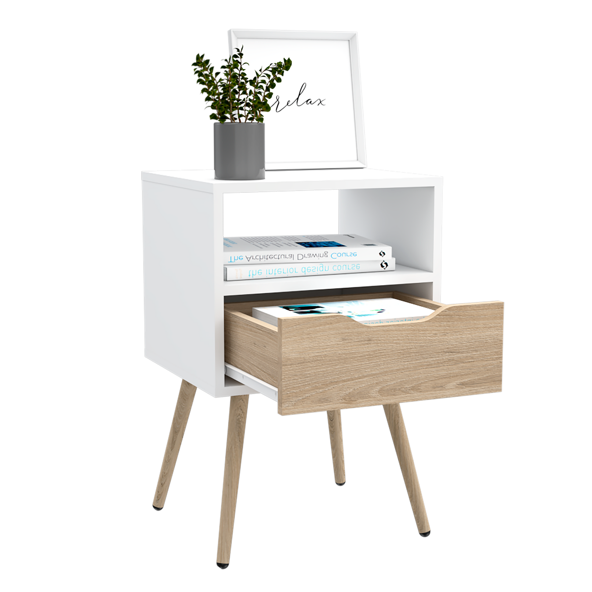 Mesa De Noche Otom Rta Blanco + Rovere