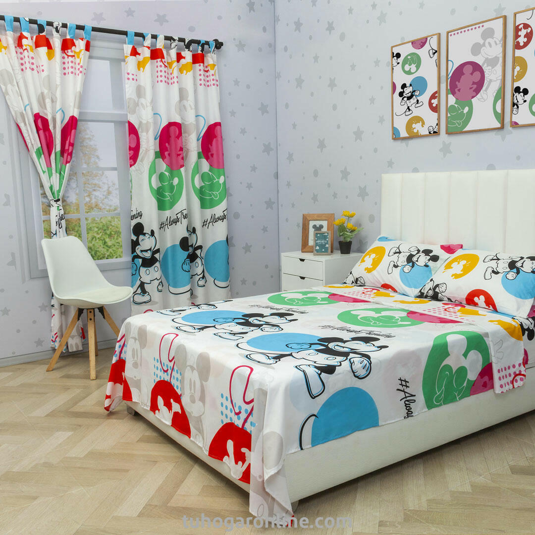 Juego De Sábana Con Cortinas Cama Semidoble Disney Mickey Blanco Estampados Animados