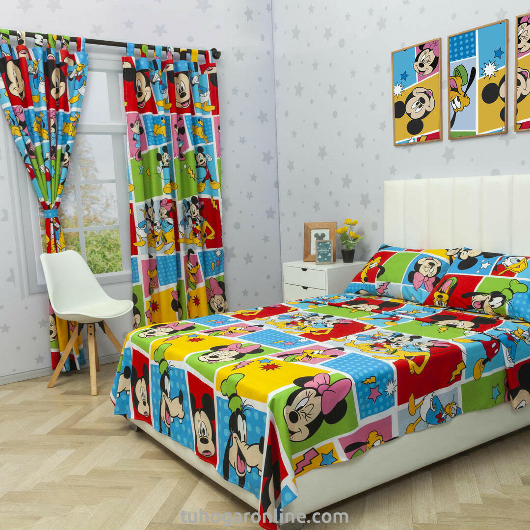 Juego De Sábana Con Cortinas Cama Doble Disney Mickey Y Sus Amigos Multicolor Estampados Animados