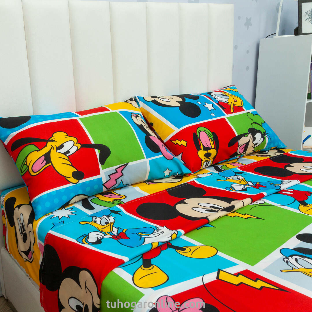 Juego De Sábana Con Cortinas Cama Doble Disney Mickey Y Sus Amigos Multicolor Estampados Animados