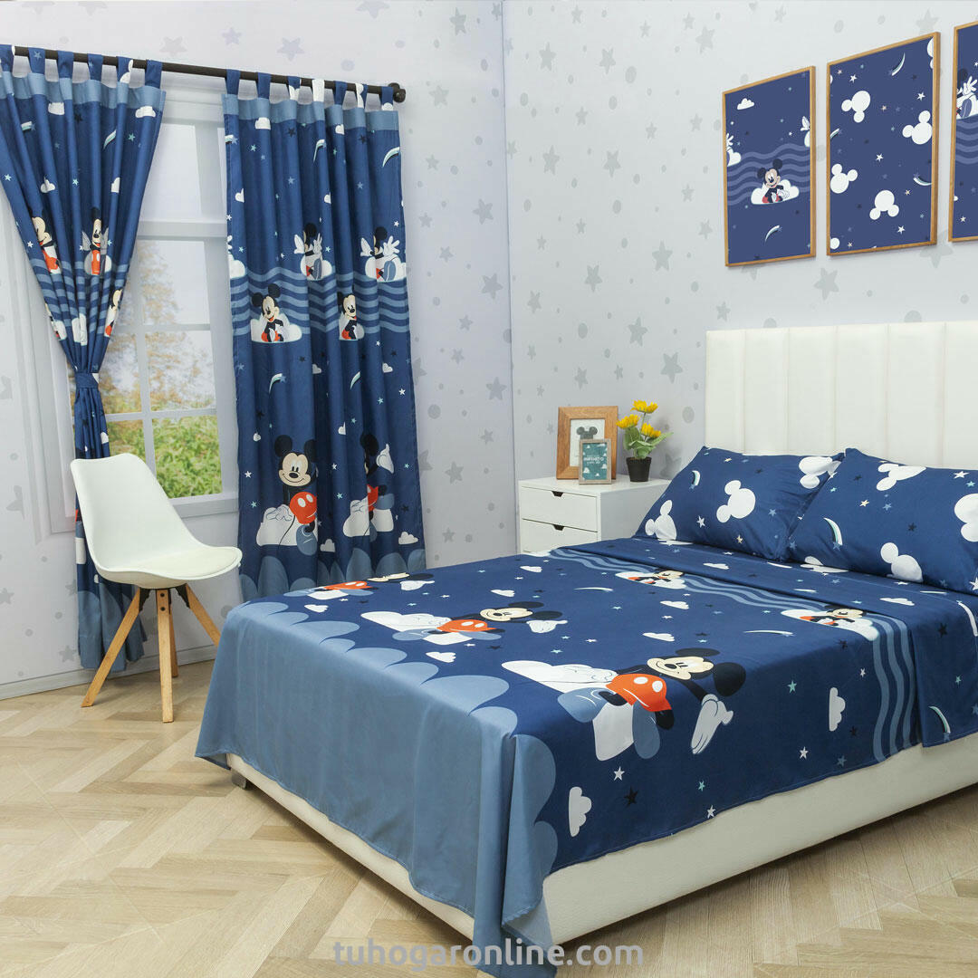 Juego De Sábana Con Cortinas Cama Doble Disney Mickey Jr Azul Estampados Animados