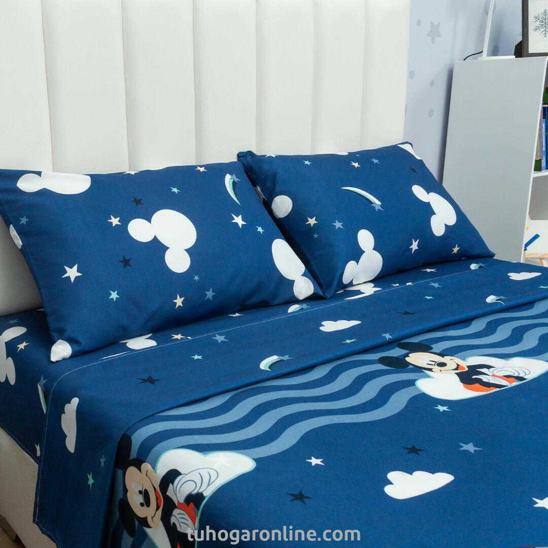 Juego De Sábana Con Cortinas Cama Doble Disney Mickey Jr Azul Estampados Animados