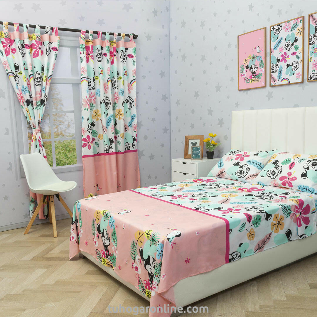 Juego De Sábana Con Cortinas Cama Doble Disney Minnie Rosado Estampados Animados