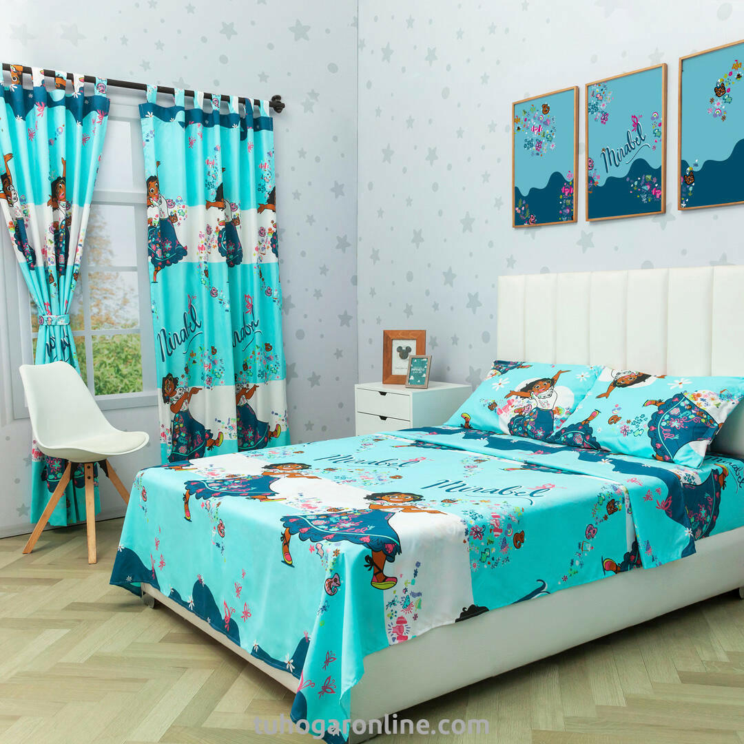 Juego De Sábana Con Cortinas Cama Semidoble Disney Encanto Mirabel Celeste Estampados Animados
