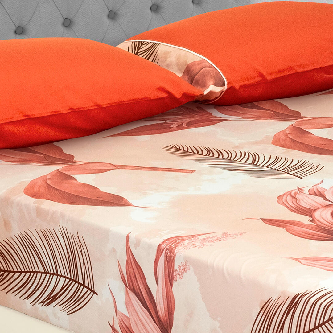 Sabana Ajustable Linea Barcelona Flores Hojas Fondo Albaricoque Suave