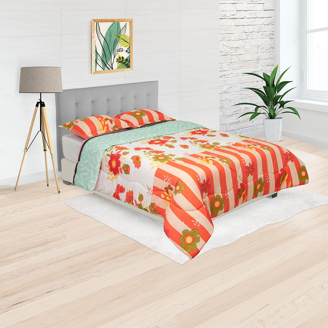 Cubrelecho Semiacolchado Doble Faz Flores En Verdes Fondo Coral Y Beige