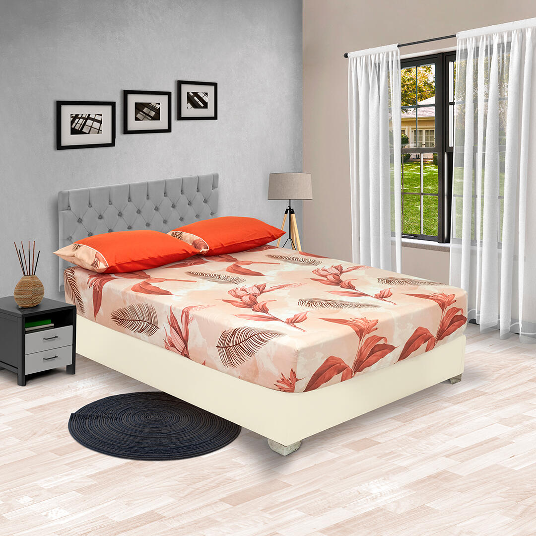 Sabana Ajustable Linea Barcelona Flores Hojas Fondo Albaricoque Suave
