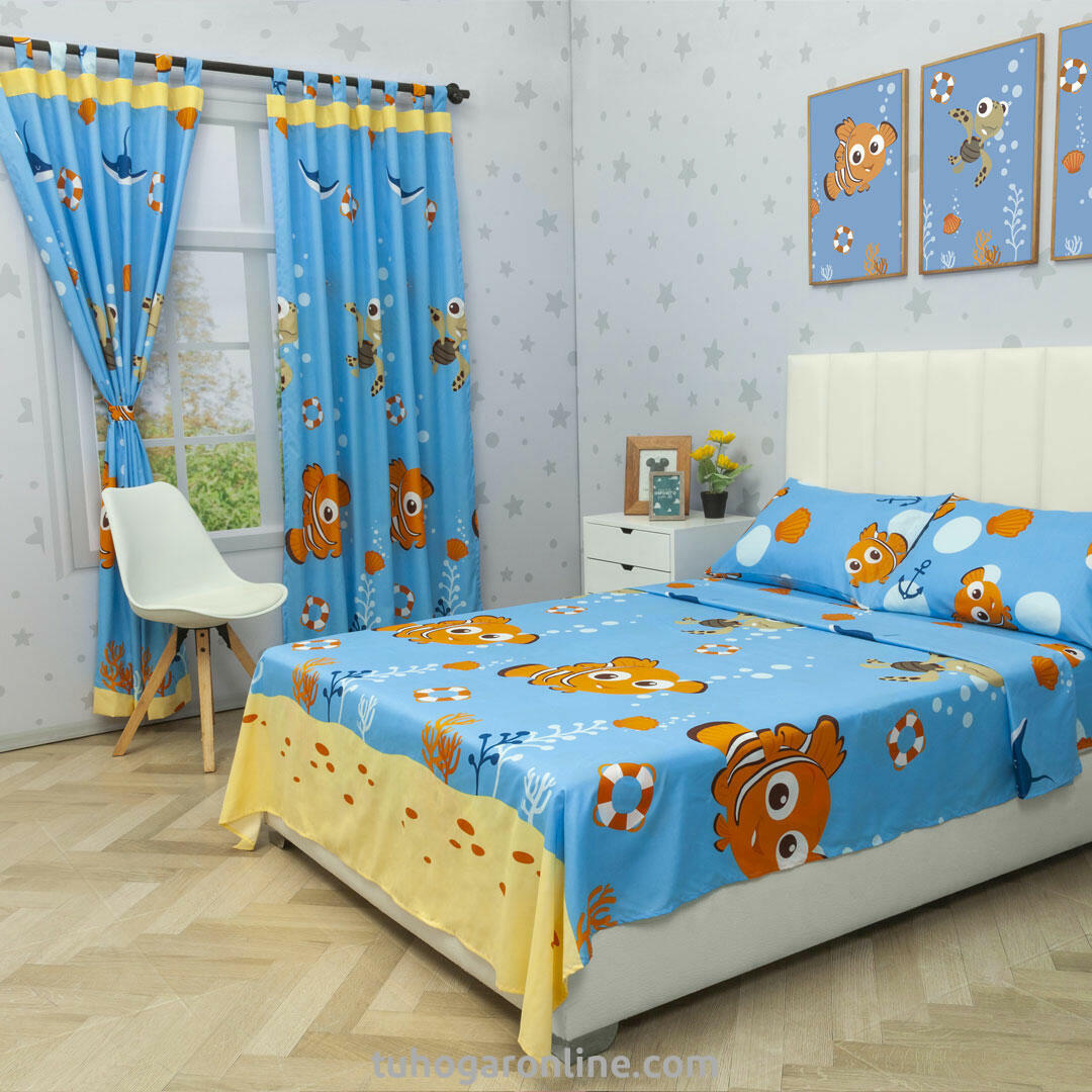 Juego De Sábana Con Cortinas Cama Semidoble Disney Buscando A Nemo Celeste Estampados Animados