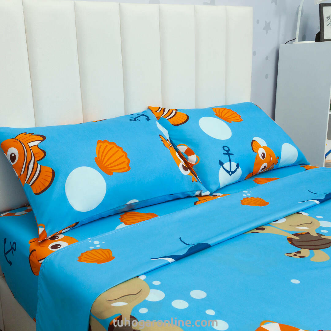 Juego De Sábana Con Cortinas Cama Semidoble Disney Buscando A Nemo Celeste Estampados Animados