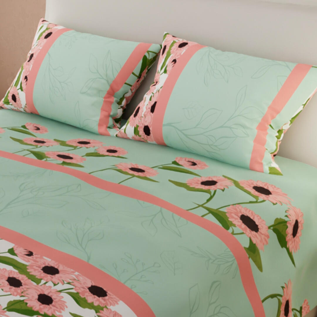 Juego De Sábanas Microfibra Suavizada Verde Rosado Girasoles Confortable